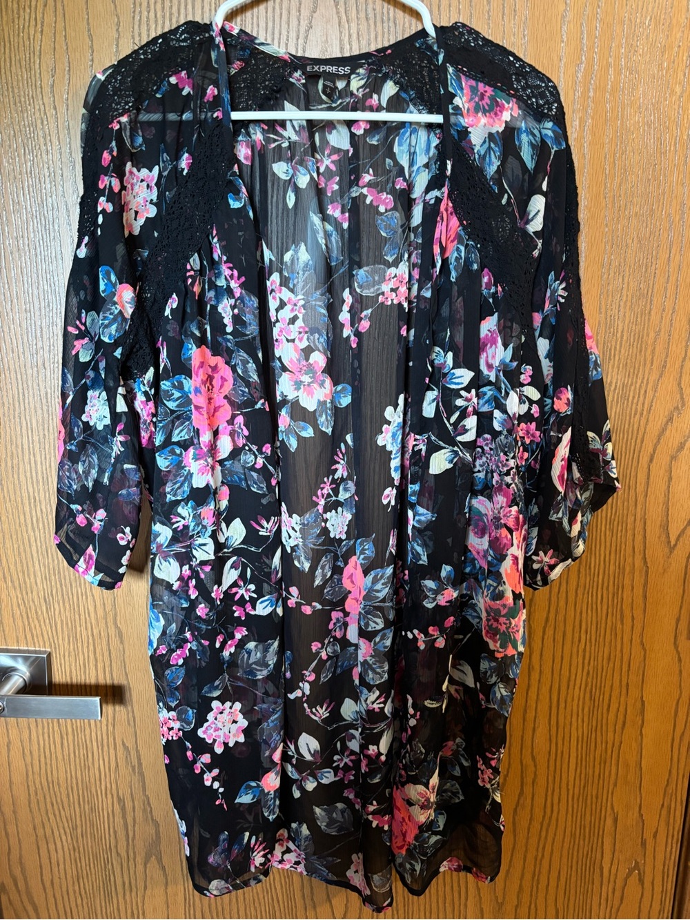 Express Black Sheer Floral Kimono with Lace Detail
